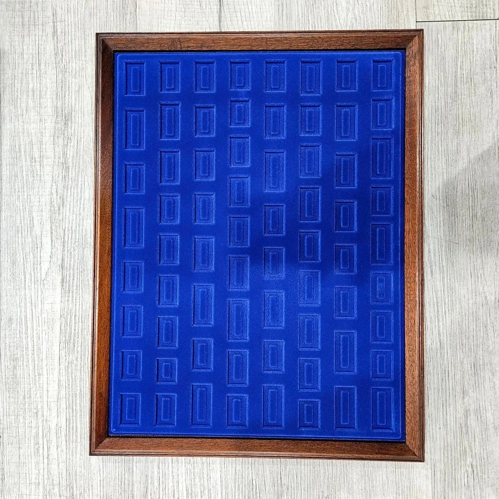 Jewelry Display Case Large Brown Wood Glass Removable 3 Tray Blue Velvet Storage